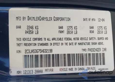 2005 Chrysler 300 из США, поврежденный, VIN 23CJA53G75H632198